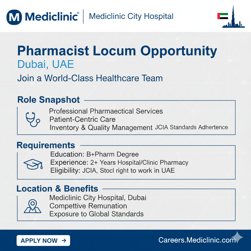 Join Mediclinic as a Pharmacist Locum in Dubai 2 Year Experience || B Pharm