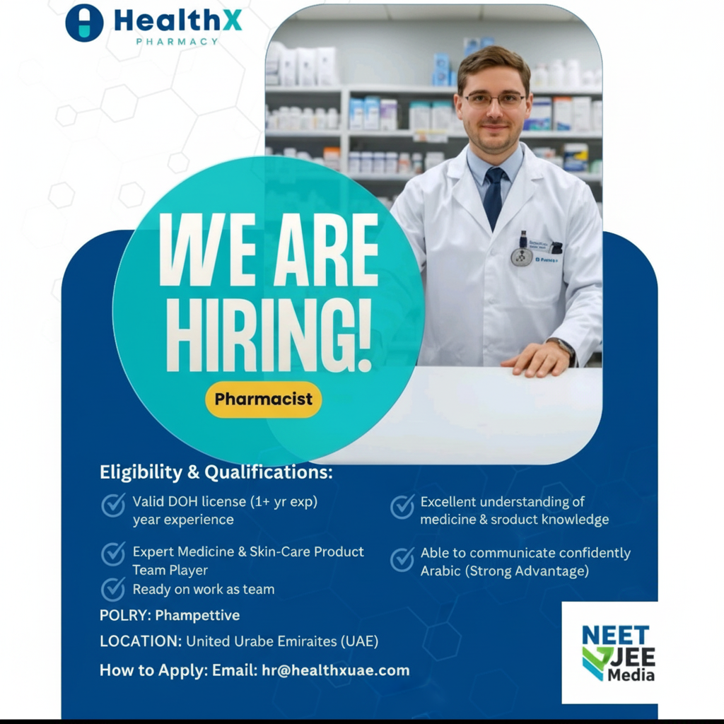 Hiring Now! DOH Licensed Pharmacist (1+ Year Experience) for HealthX Pharmacy, UAE