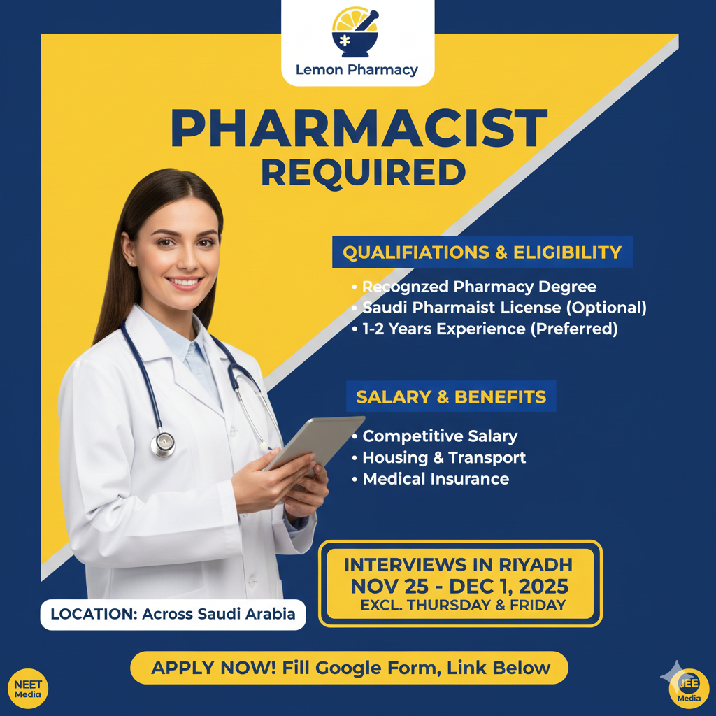 Lemon Pharmacy Saudi Arabia: Exciting Pharmacist Job +2 Years Exp | Walk-In Interview 25 Nov To 1 Dec 2025