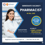 Pharmacist Jobs in Al Ain, UAE: High-Paying Healthcare Vacancy Requiring HAAD License (AED 5,000-10,000)