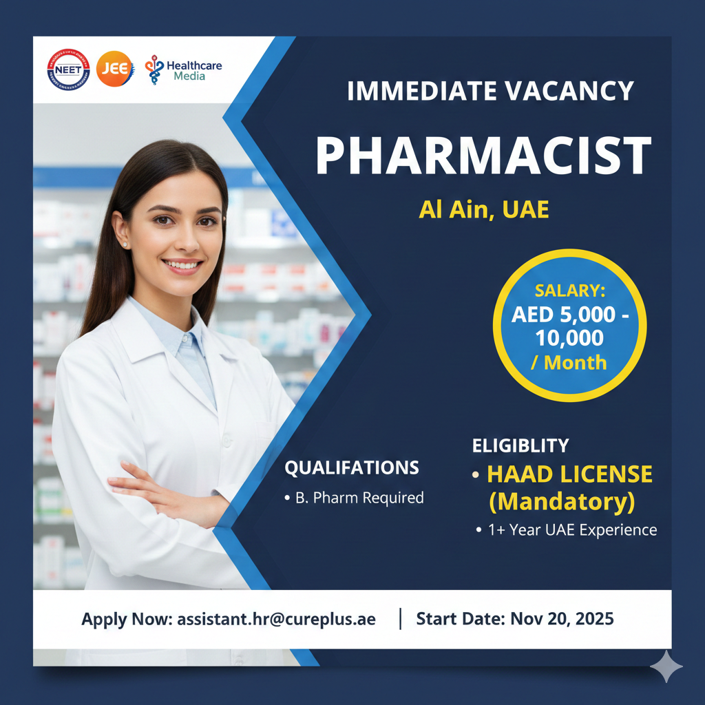 Pharmacist Jobs in Al Ain, UAE: High-Paying Healthcare Vacancy Requiring HAAD License (AED 5,000-10,000)