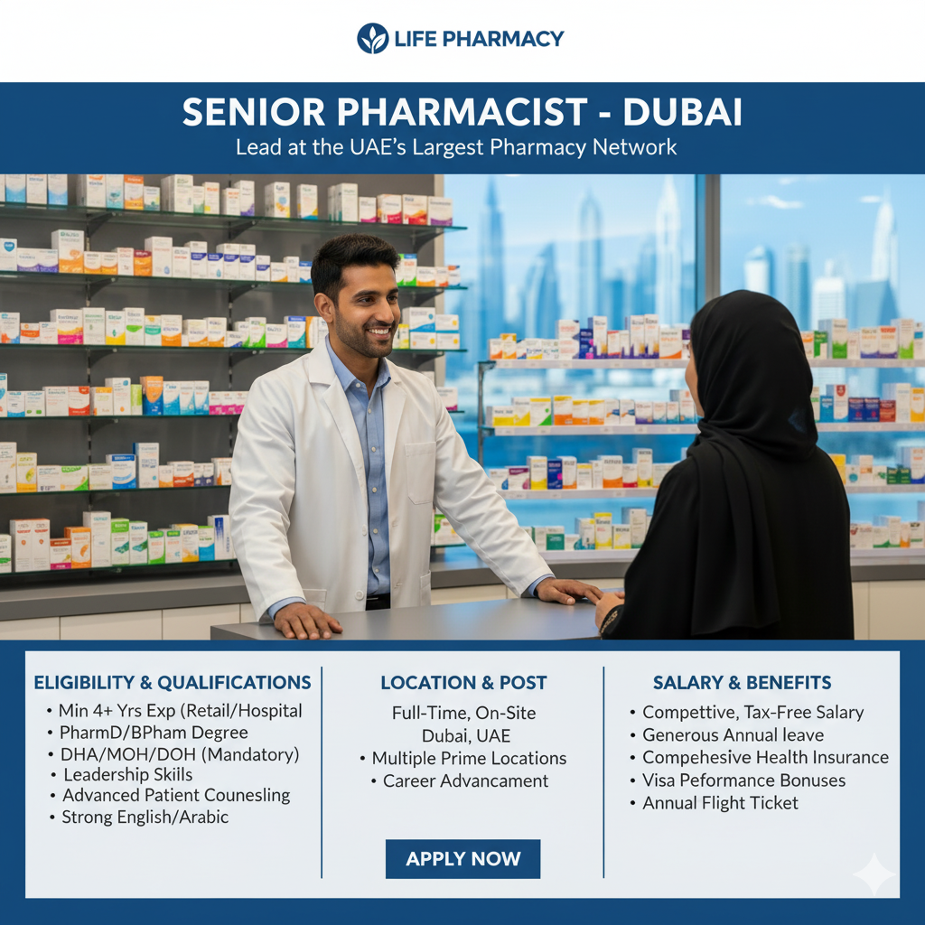 Pharmacist Jobs in Dubai at Life Pharmacy – Essential DHA/MOH/DOH License Required +2 years Experience