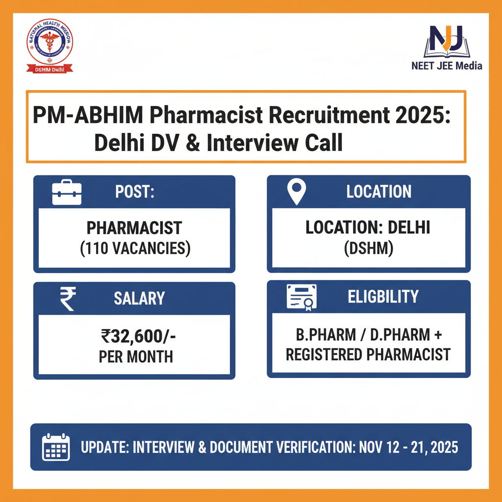 Ayushman Bharat Pharmacist Vacancy 2025: DSHM Delhi Releases Interview Schedule for 110 Posts | Eligibility, Salary.