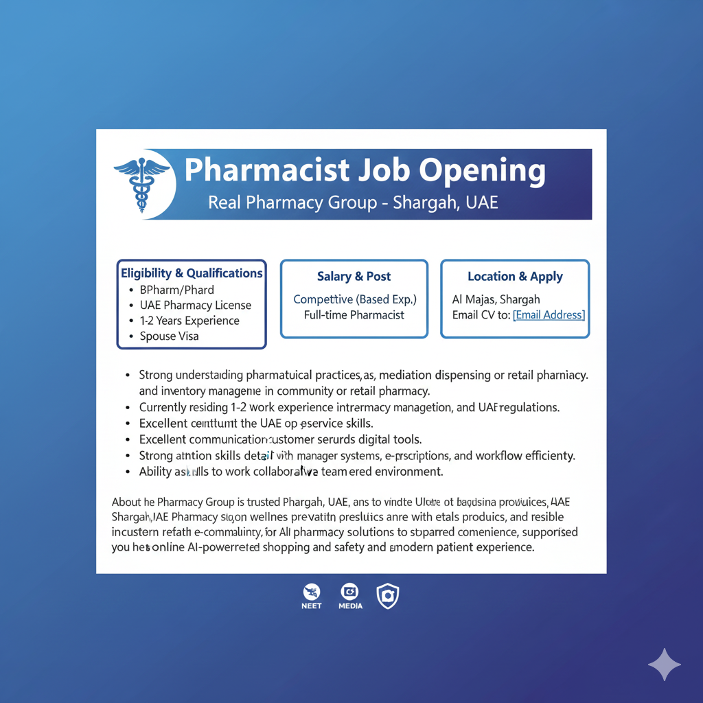 Full-Time Pharmacist Job Opening in Sharjah, UAE – Real Pharmacy Group