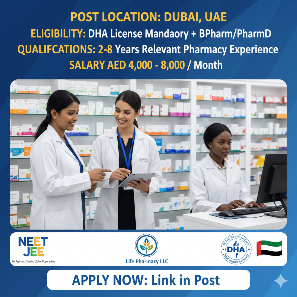 DHA Pharmacist job in Dubai with Life Pharmacy LLC. Seek competitive salary (AED 4k-8k/mo), 2-8 years experience, B.Pharm/PharmD