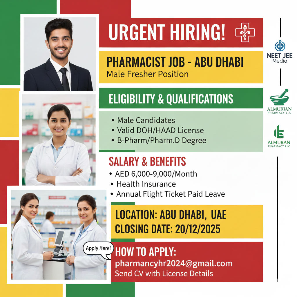 Urgent Hiring Alert: Male Fresher Pharmacist Job in Abu Dhabi | DOH/HAAD Licensed Required